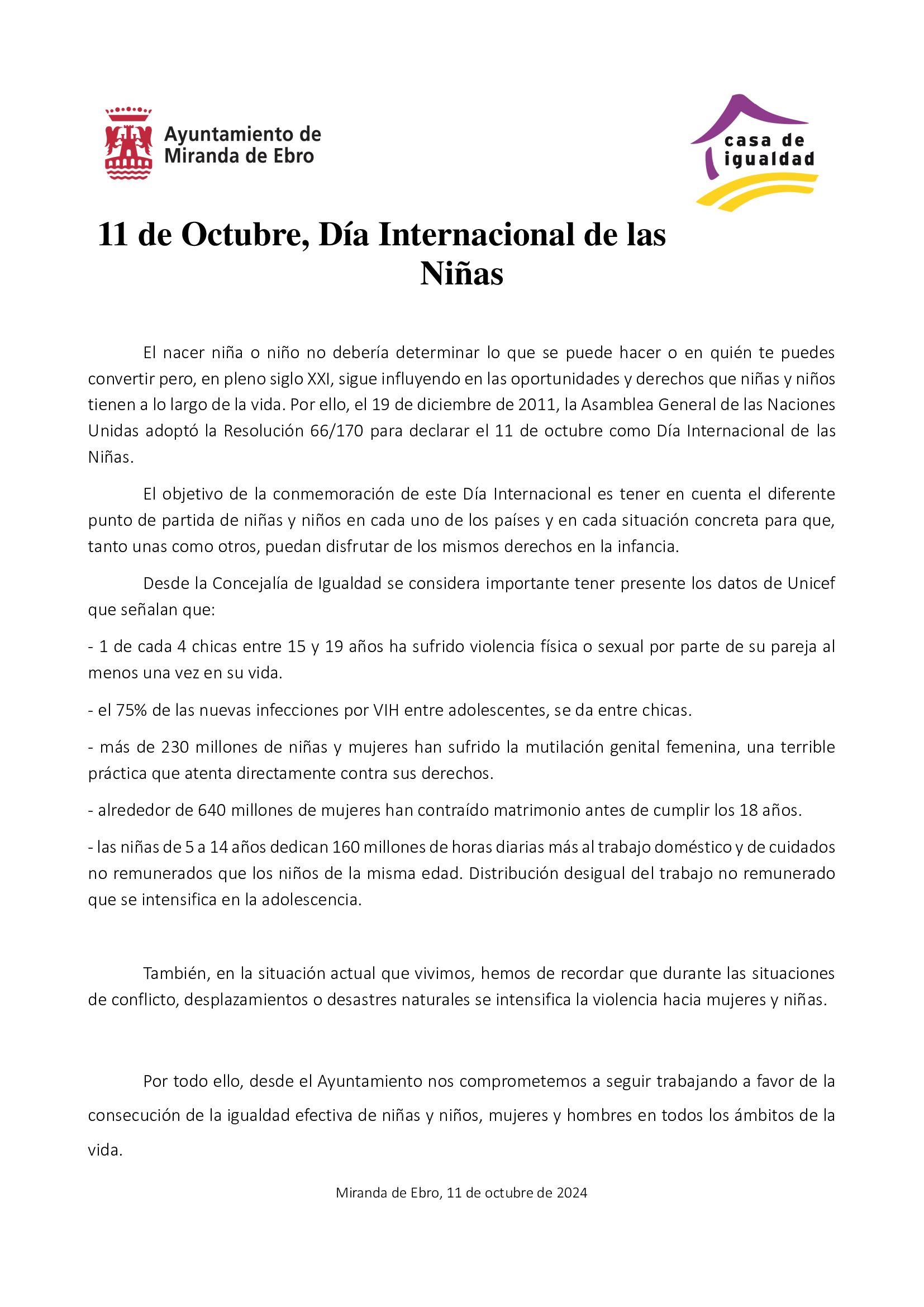 11 de octubre, Día Internacional de las Niñas